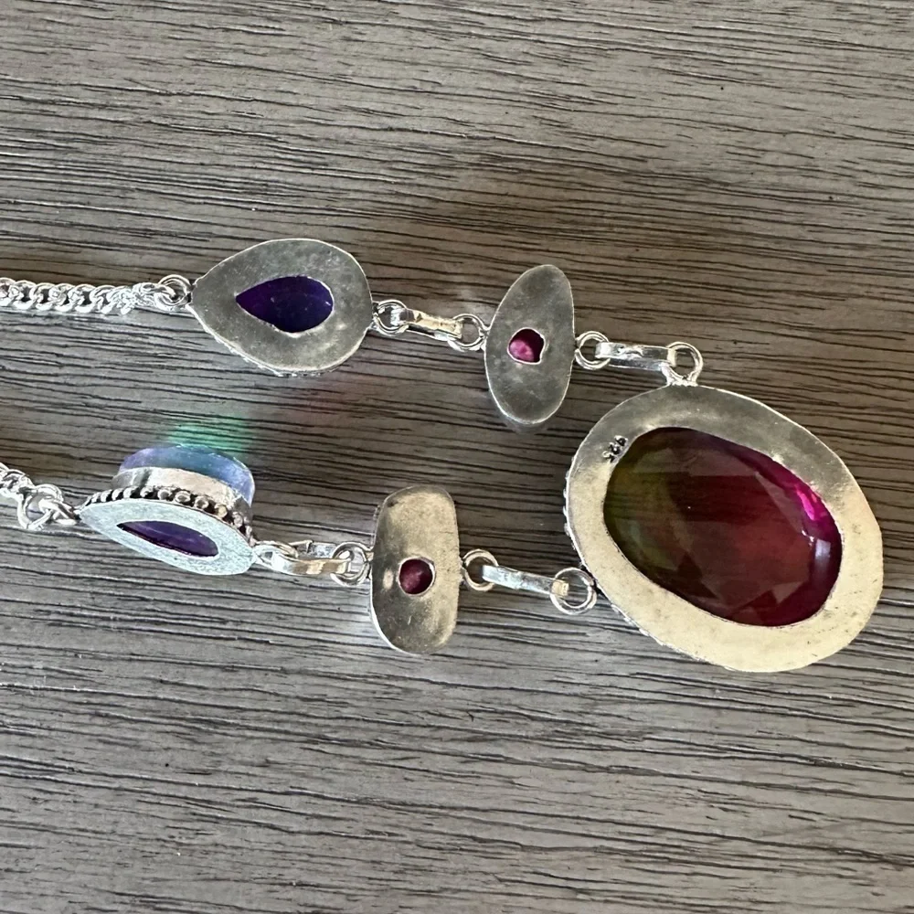 0908 Bi-Color Tourmaline Biwa Pearl Necklace Handmade Silver Statement J…